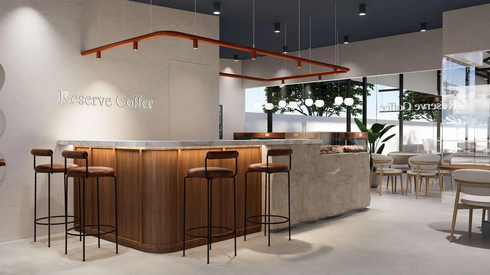 Render of the café bar: a timber counter with leather stools, stone worktop and a copper ceiling rail