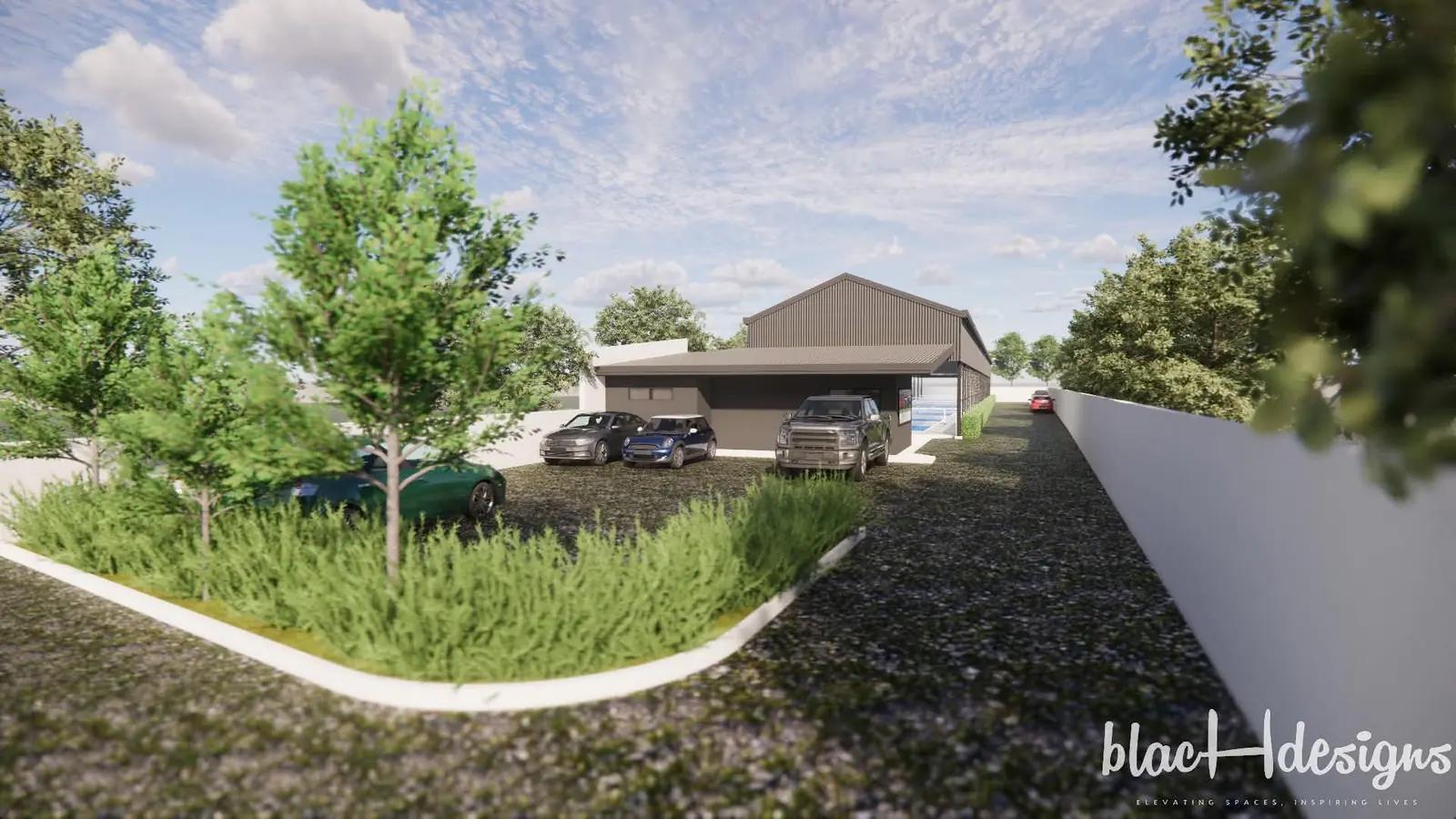 Render of the venue's front approach: a charcoal reception building, parking and planting, with the court hall behind